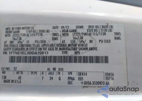 2013 Ford E-150 Commercial from USA, damaged, VIN 1FTNE1EL3DDA10813